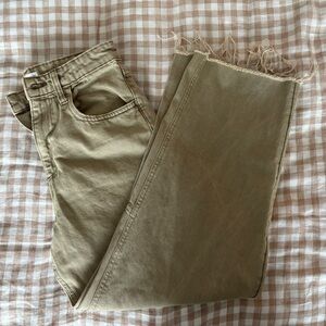 Light Olive Frayed Hem Wide Legged Jeans